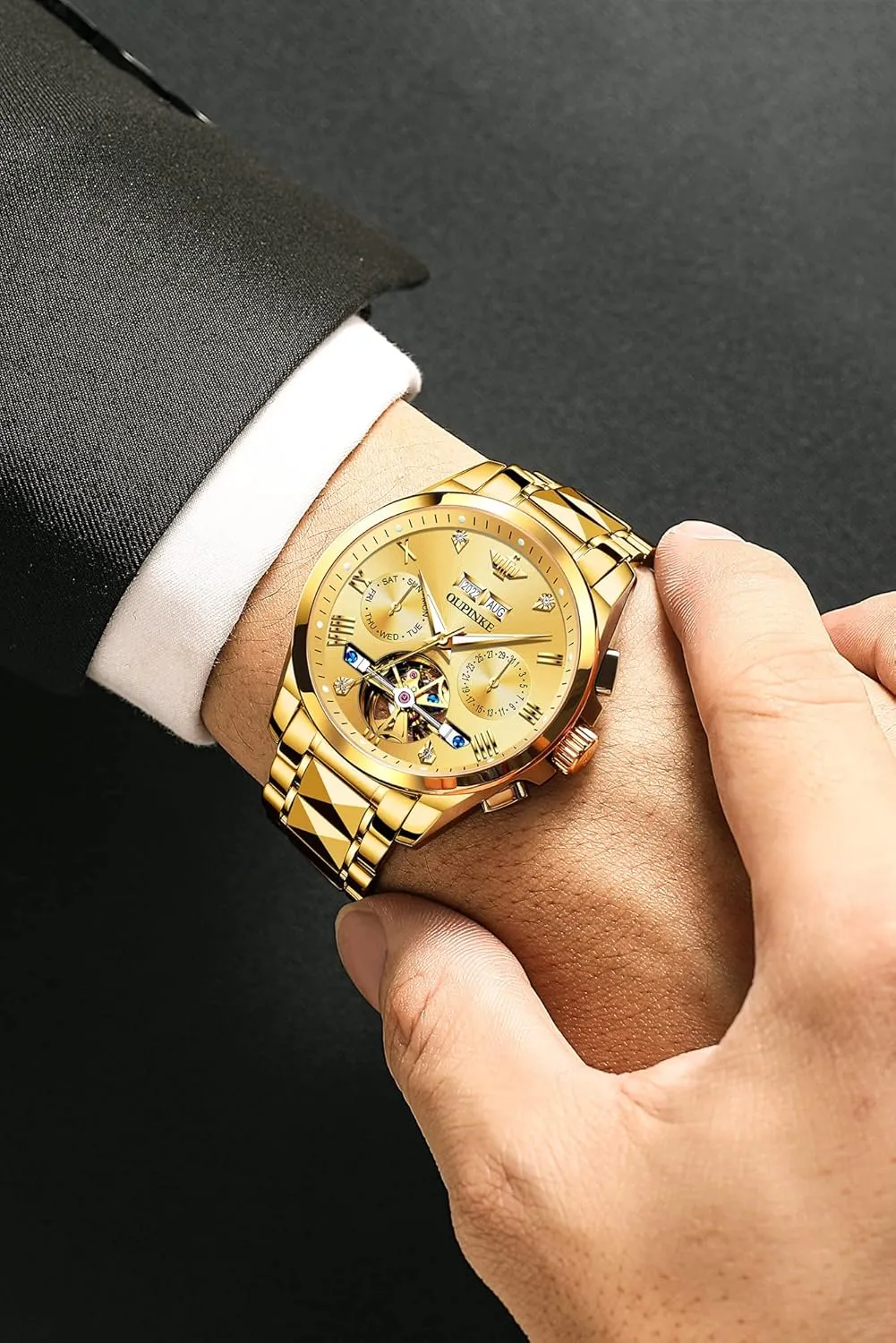 Crystal Waterproof Tungsten Steel Band Wrist accomplish inspect Watches OUPINKE Men's Skeleton Mechanical Watches Luxury Dress Automatic Self Winding Sapphire 