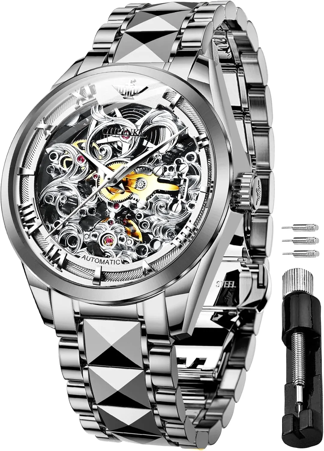 Crystal Waterproof Tungsten Steel Band Wrist Watches OUPINKE Men's Skeleton Mechanical Watches Luxury aluminum atmospheric Dress Automatic Self Winding Sapphire 
