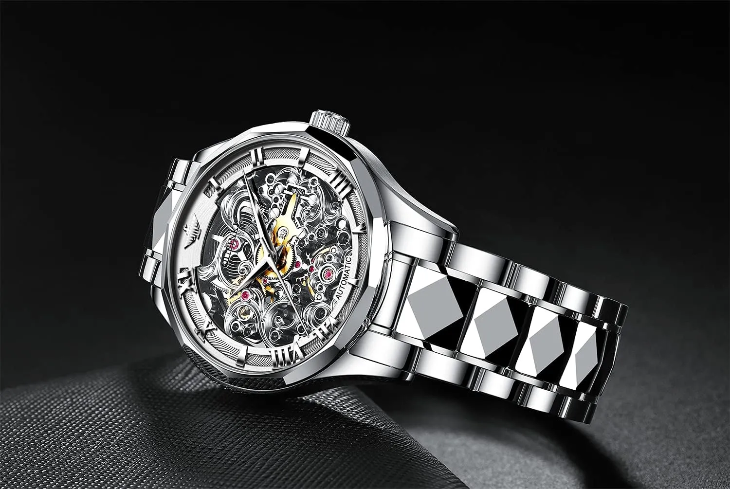 Crystal Waterproof Tungsten Steel Band Wrist Watches OUPINKE Men's Skeleton Mechanical Watches Luxury aluminum atmospheric Dress Automatic Self Winding Sapphire 