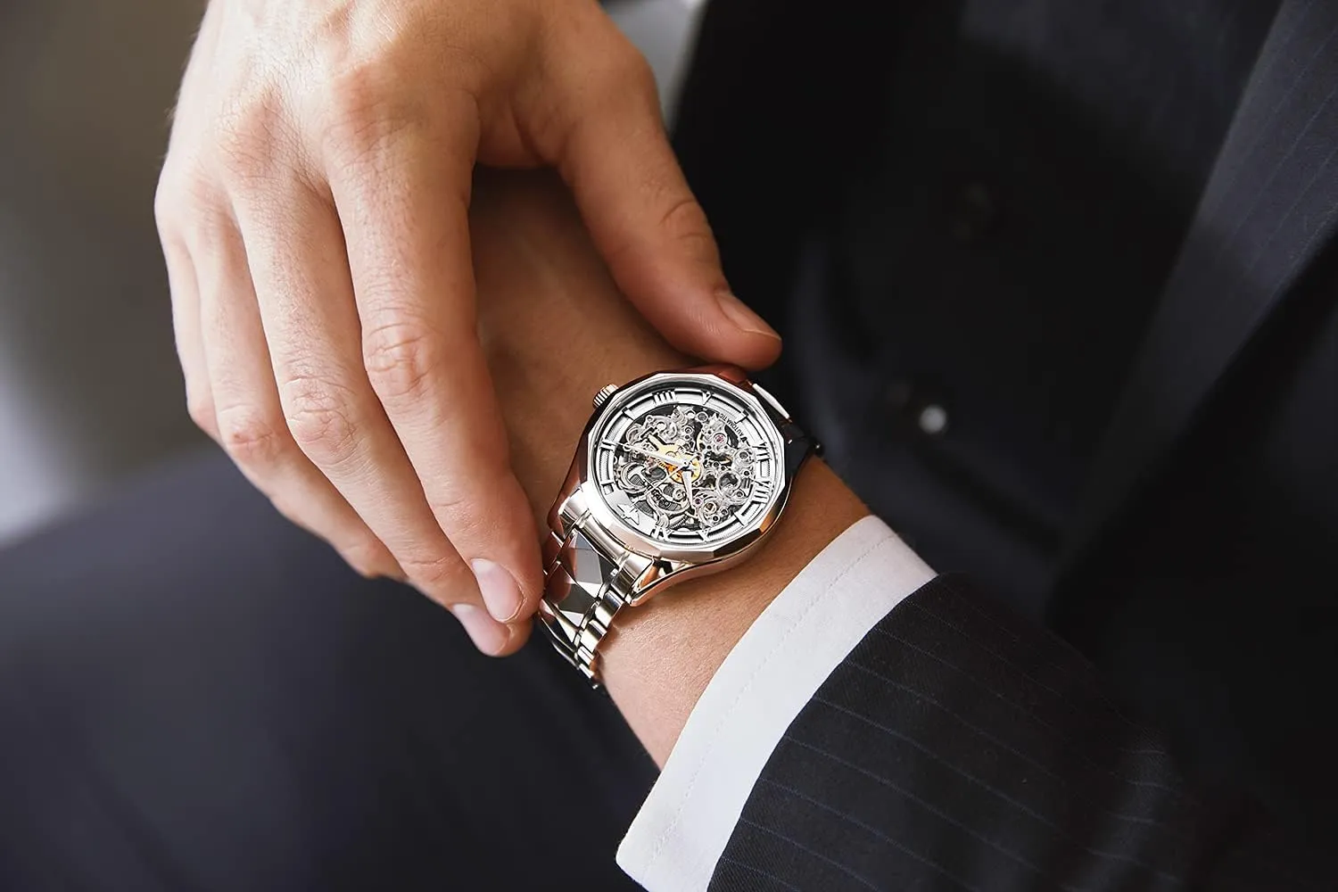 Crystal Waterproof Tungsten Steel Band Wrist Watches OUPINKE Men's Skeleton Mechanical Watches Luxury aluminum atmospheric Dress Automatic Self Winding Sapphire 