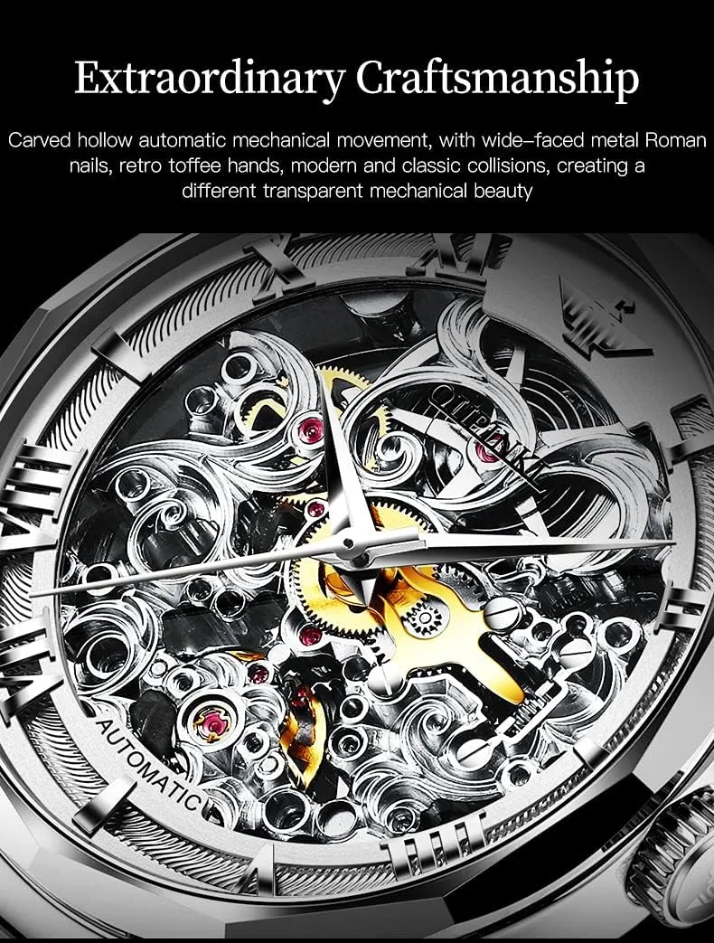 Crystal Waterproof Tungsten Steel Band Wrist Watches OUPINKE Men's Skeleton Mechanical Watches Luxury aluminum atmospheric Dress Automatic Self Winding Sapphire 