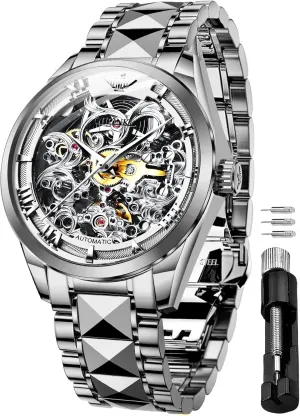 Crystal Waterproof Tungsten Steel Band Wrist Watches OUPINKE Men's Skeleton Mechanical Watches Luxury aluminum atmospheric Dress Automatic Self Winding Sapphire 