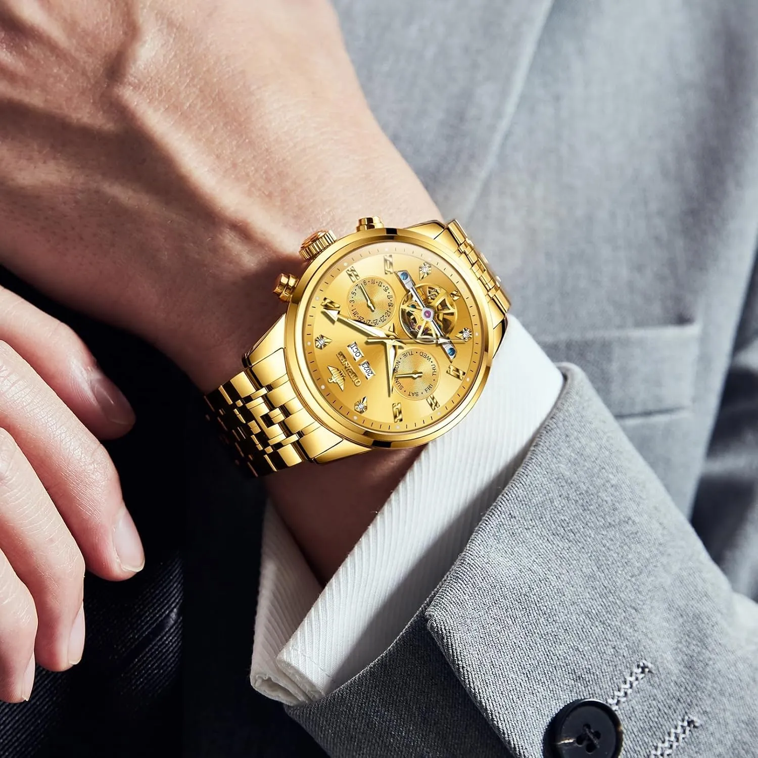 Crystal Wrist Watches for Men OUPINKE Men Skeleton helplessly necklace Watch Automatic Mechanical Luxury Dress Waterproof Tourbillion Sapphire 