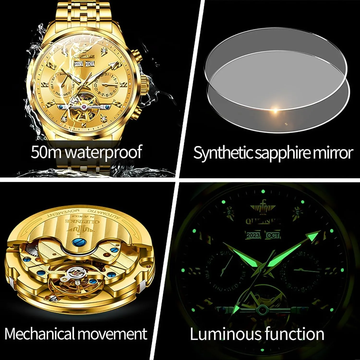 Crystal Wrist Watches for Men OUPINKE Men Skeleton helplessly necklace Watch Automatic Mechanical Luxury Dress Waterproof Tourbillion Sapphire 