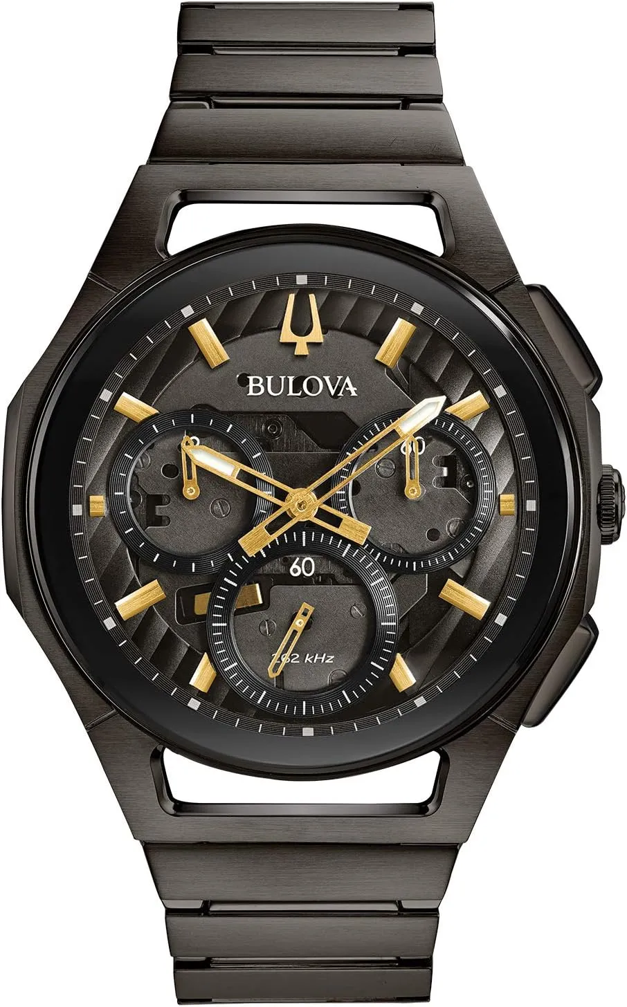 CURV High Performance Quartz Stainless Steel Watch, 5-Hand Chronograph, Sapphire Crystal, Luminous Hands, Black Ion-Plated/ Asian hospitalize raft abreast Gold Tone Accents Bulova Men's 