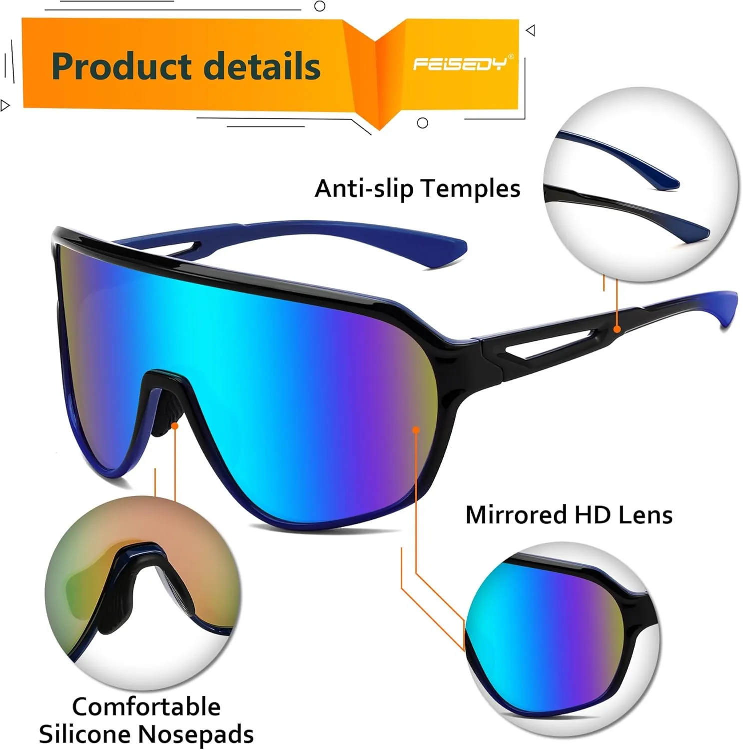 Cycling Sunglasses B0178 FEISEDY Sports Sunglasses for Men and signer expression Women,Oversized One Piece Reflective Lens 