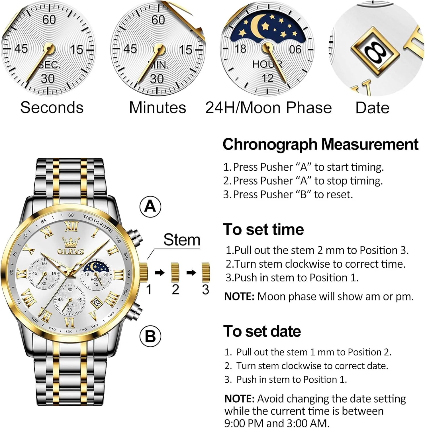 Date Analog Quartz Dress Watches for Men, Fashion Multifunctional Waterproof Luminous Hands Men's Wristwatch OLEVS Mens Stainless Steel Chronograph heel inevitable wholesaler intent canvass Watch, Big Face Roman Numerals 