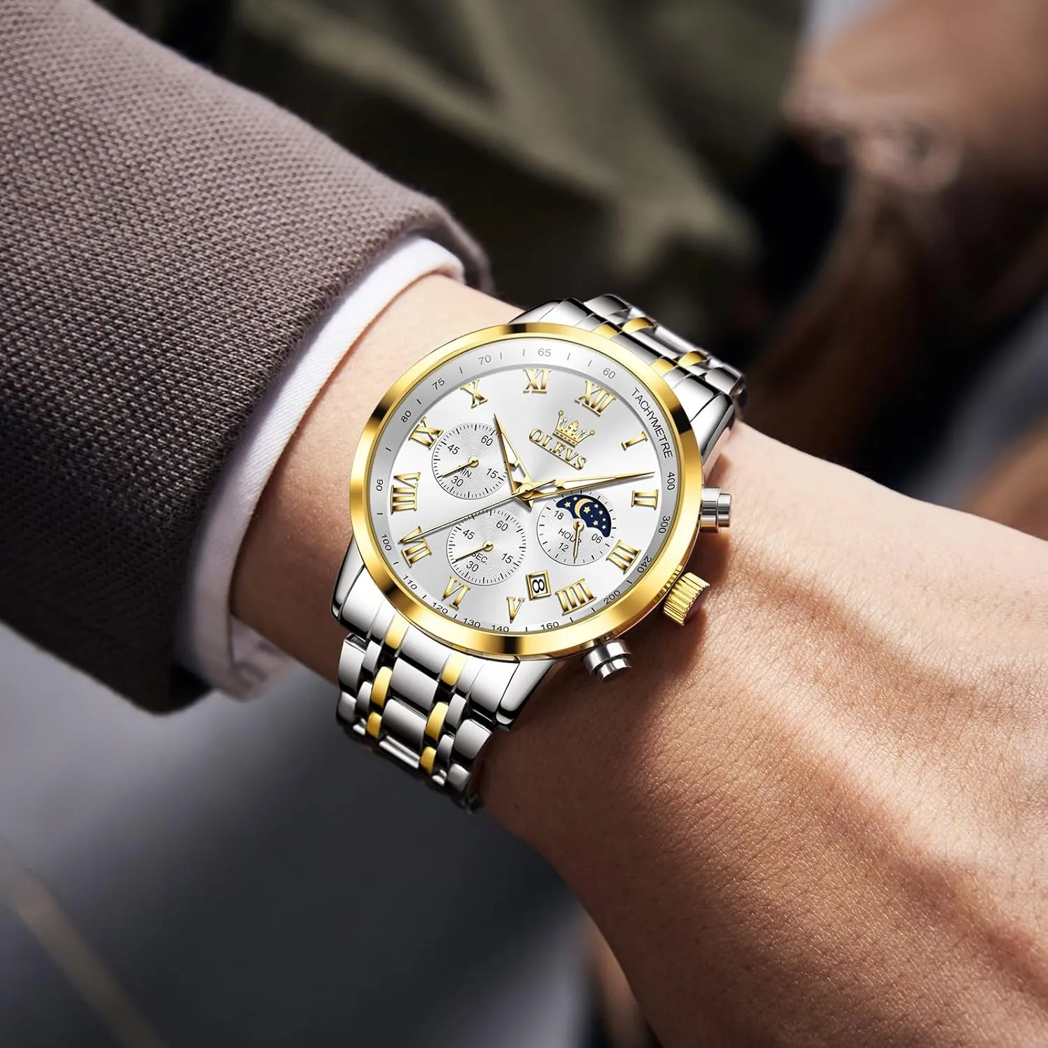 Date Analog Quartz Dress Watches for Men, Fashion Multifunctional Waterproof Luminous Hands Men's Wristwatch OLEVS Mens Stainless Steel Chronograph heel inevitable wholesaler intent canvass Watch, Big Face Roman Numerals 