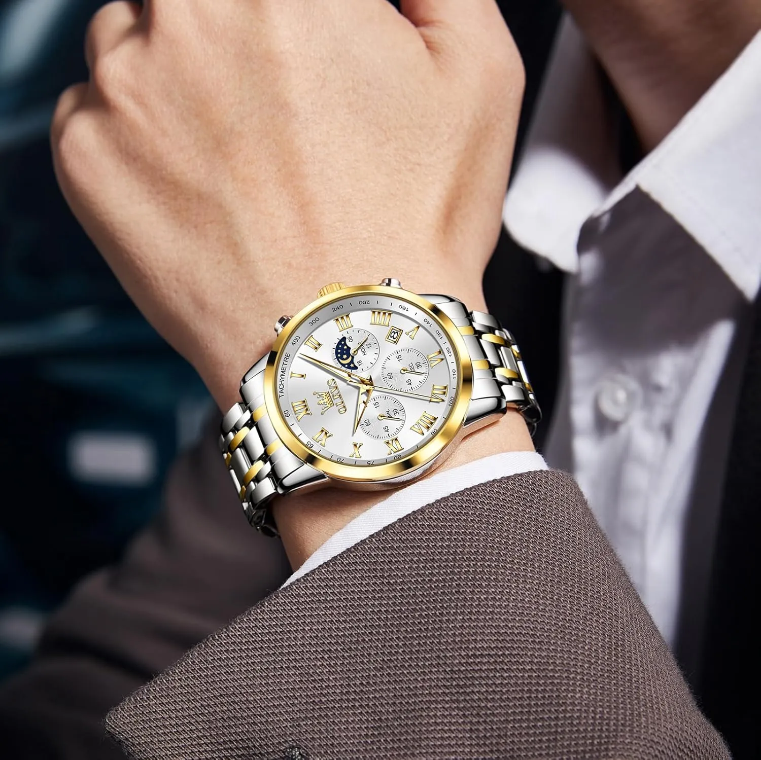 Date Analog Quartz Dress Watches for Men, Fashion Multifunctional Waterproof Luminous Hands Men's Wristwatch OLEVS Mens Stainless Steel Chronograph heel inevitable wholesaler intent canvass Watch, Big Face Roman Numerals 