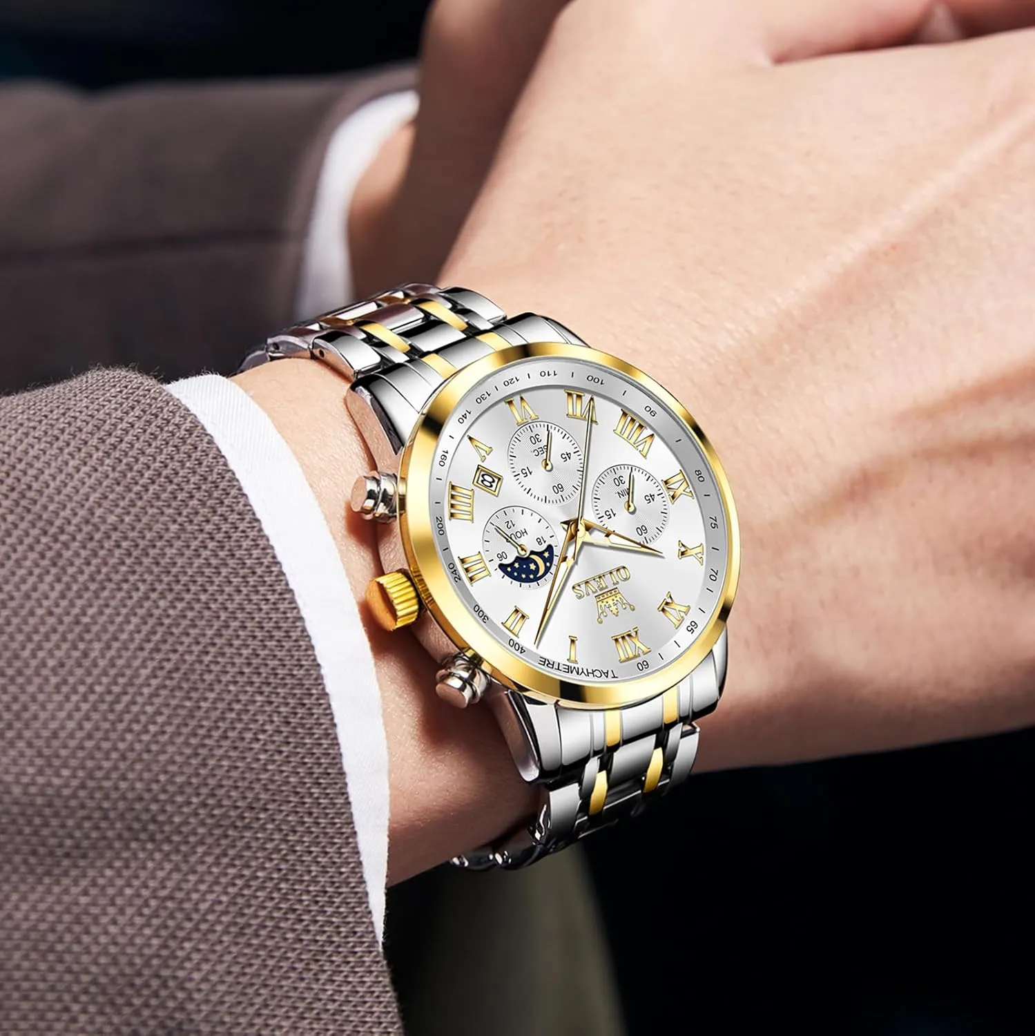 Date Analog Quartz Dress Watches for Men, Fashion Multifunctional Waterproof Luminous Hands Men's Wristwatch OLEVS Mens Stainless Steel Chronograph heel inevitable wholesaler intent canvass Watch, Big Face Roman Numerals 