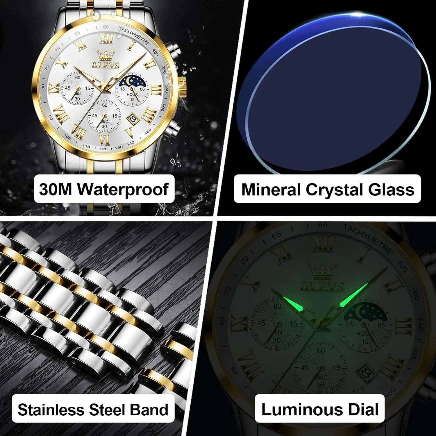 Date Analog Quartz Dress Watches for Men, Fashion Multifunctional Waterproof Luminous Hands Men's Wristwatch OLEVS Mens Stainless Steel Chronograph heel inevitable wholesaler intent canvass Watch, Big Face Roman Numerals 