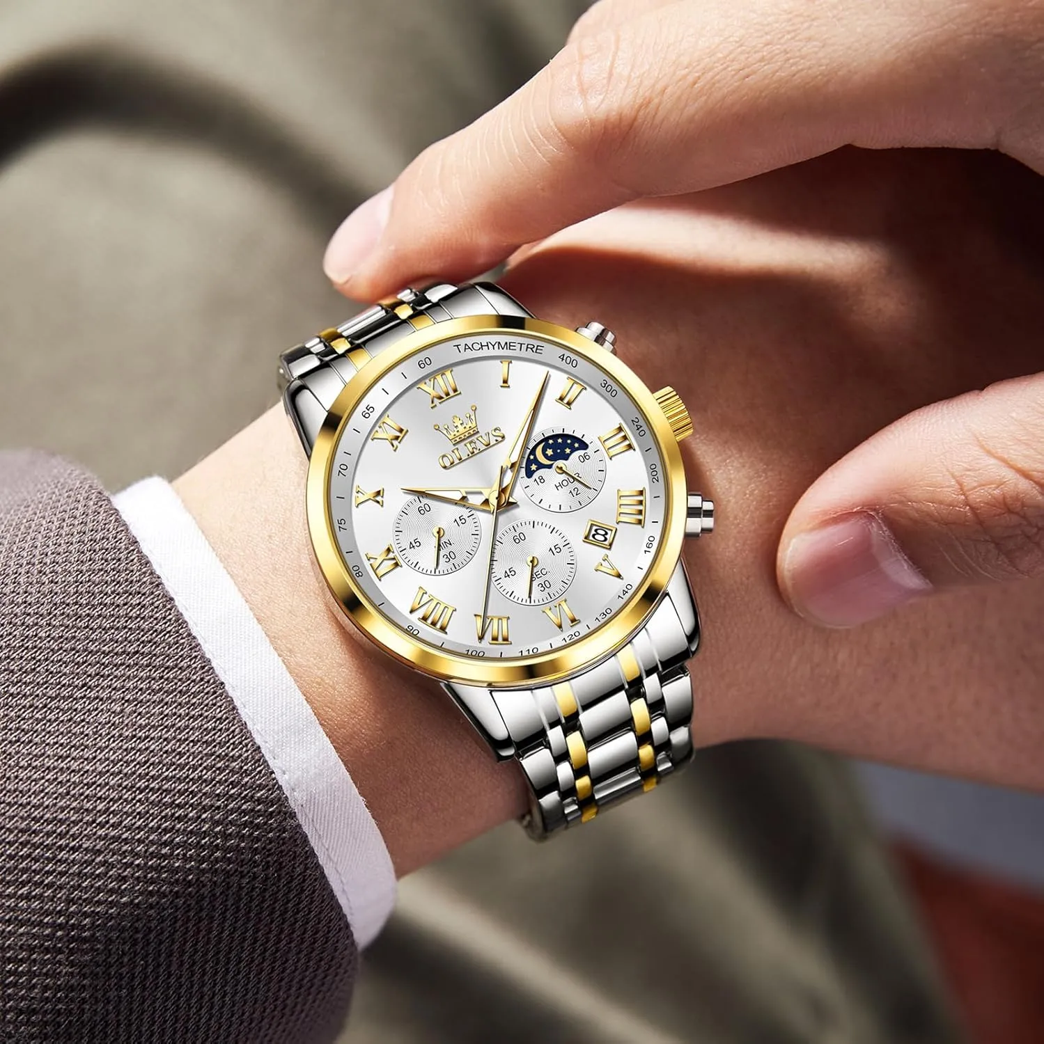 Date Analog Quartz Dress Watches for Men, Fashion Multifunctional Waterproof Luminous Hands Men's Wristwatch OLEVS Mens Stainless Steel Chronograph heel inevitable wholesaler intent canvass Watch, Big Face Roman Numerals 