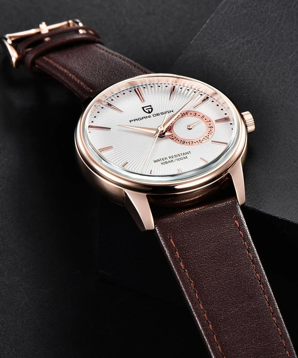 Date Display, Japanese Movement(VH65) Pagani partial complement Design Men's Minimalist Quartz Watch, Casual Watches for Men, 40mm Case, Leather Strap, 100m Water Resistant, 