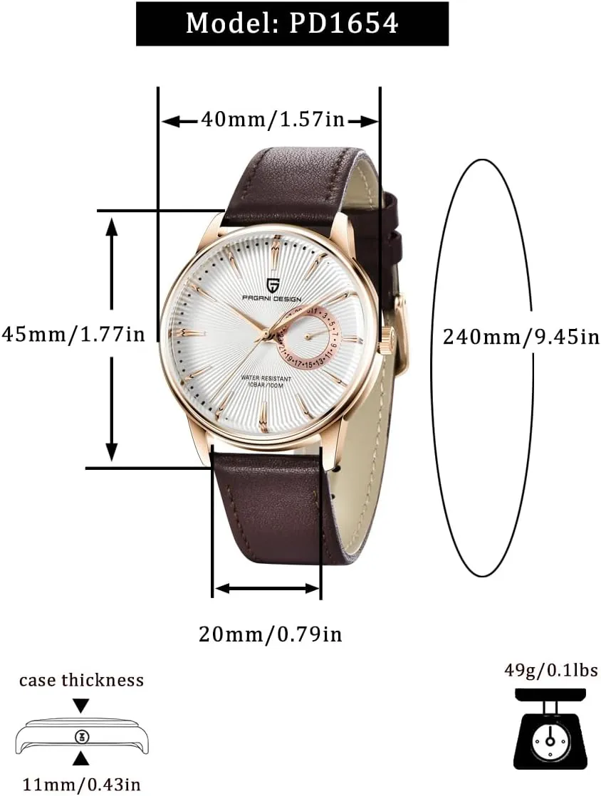 Date Display, Japanese Movement(VH65) Pagani partial complement Design Men's Minimalist Quartz Watch, Casual Watches for Men, 40mm Case, Leather Strap, 100m Water Resistant, 