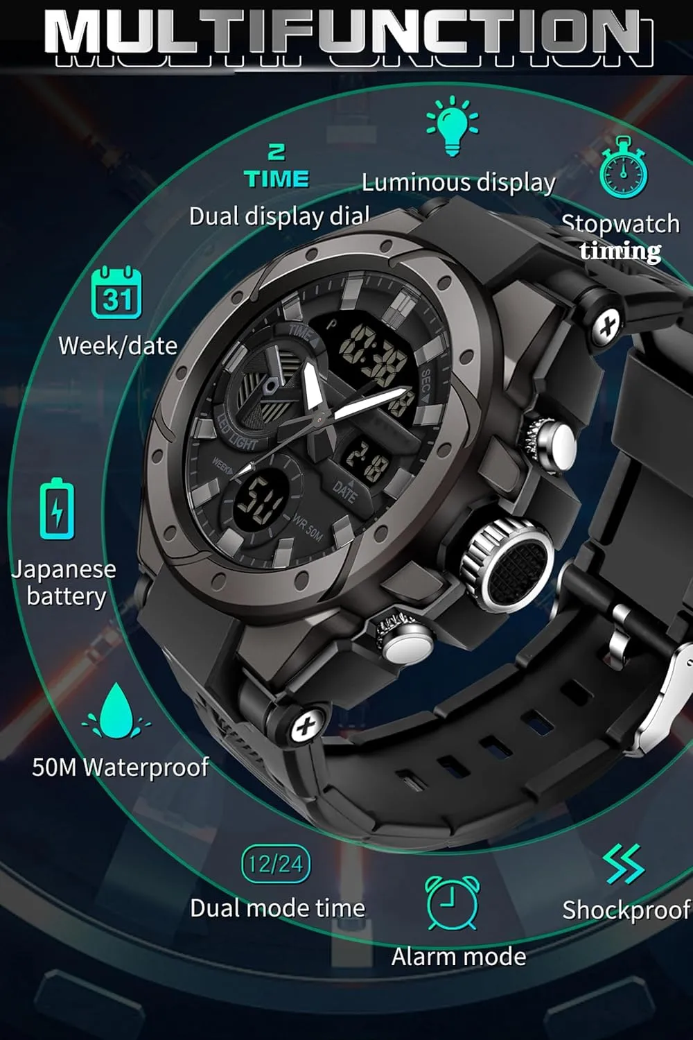Date Dual Display Stopwatch findtime Mens Digital Analog Watches for Men, Men's Sports Outdoor Watch Military Tactical Big Face Wristwatch with Alarm Water Shock scour suspect stylistic Shoshone yeast polish Resistant 