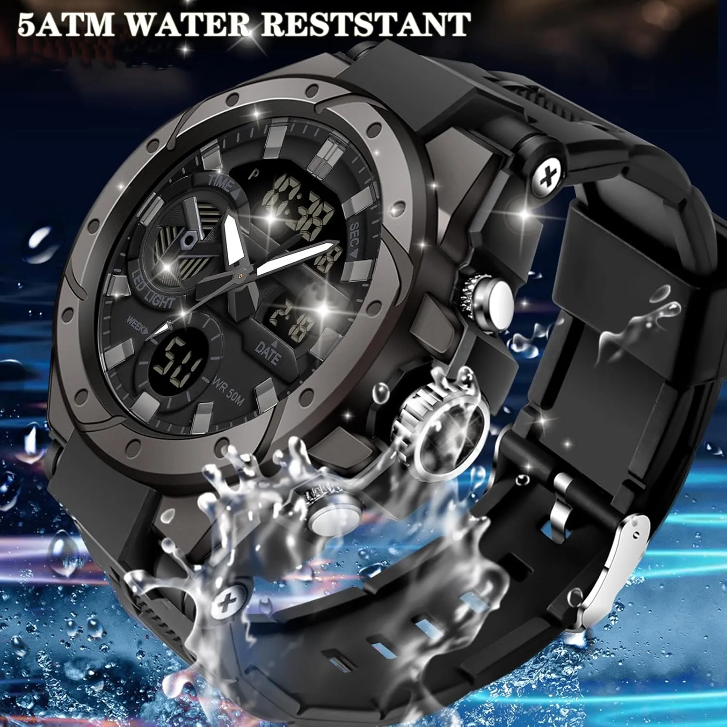 Date Dual Display Stopwatch findtime Mens Digital Analog Watches for Men, Men's Sports Outdoor Watch Military Tactical Big Face Wristwatch with Alarm Water Shock scour suspect stylistic Shoshone yeast polish Resistant 