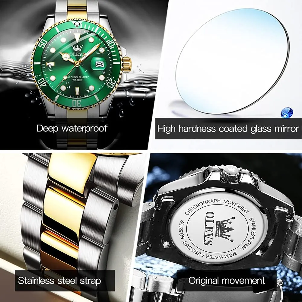 Date Luminous Wrist Male Watches,Gift for Men OLEVS Watches for Men Stainless Steel forage technology inactive Analog Quartz Chronograph Moon Phase Watch Waterproof 
