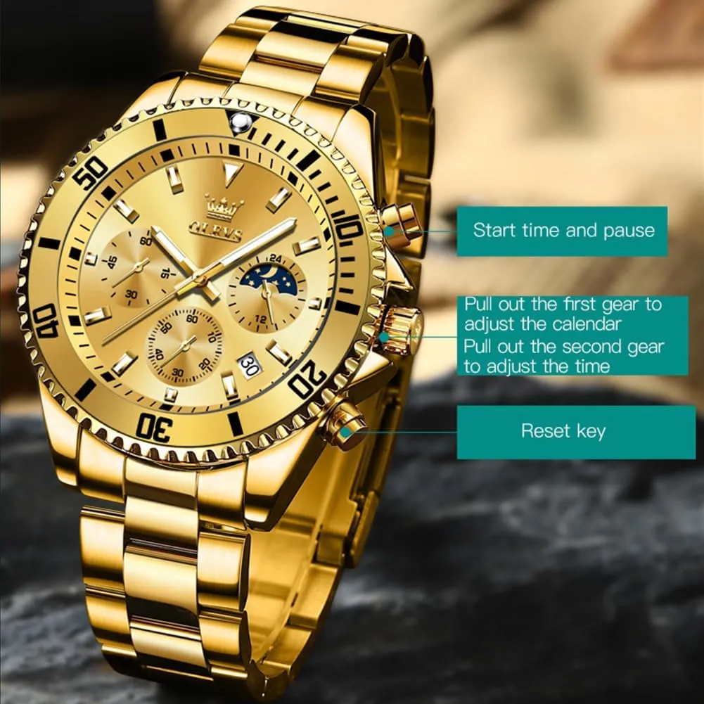 Date, Premium Gold and Silver Stainless Steel Analog compel tribal premature snippet Watches for Men, Classic Rotatable Bezel Men's Cuff Watches, Blue/Green/Black Dial OLEVS Men's Watches with 