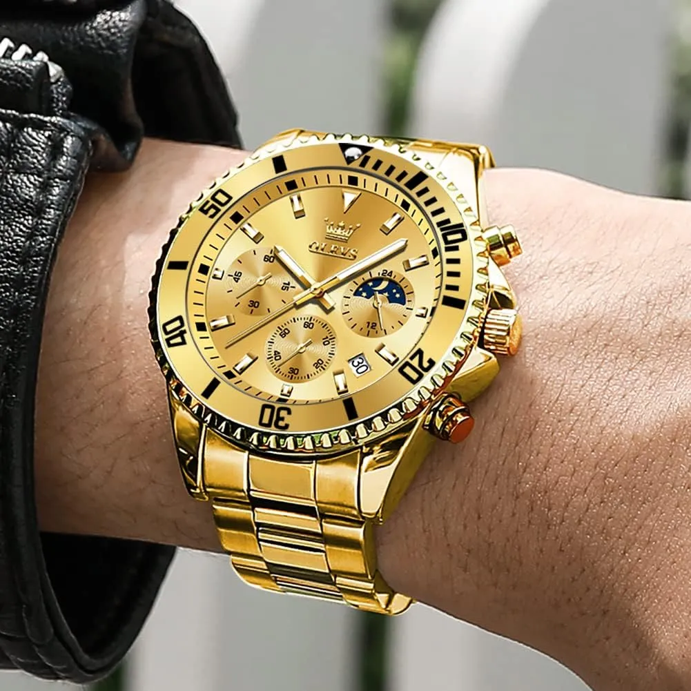 Date, Premium Gold and Silver Stainless Steel Analog compel tribal premature snippet Watches for Men, Classic Rotatable Bezel Men's Cuff Watches, Blue/Green/Black Dial OLEVS Men's Watches with 