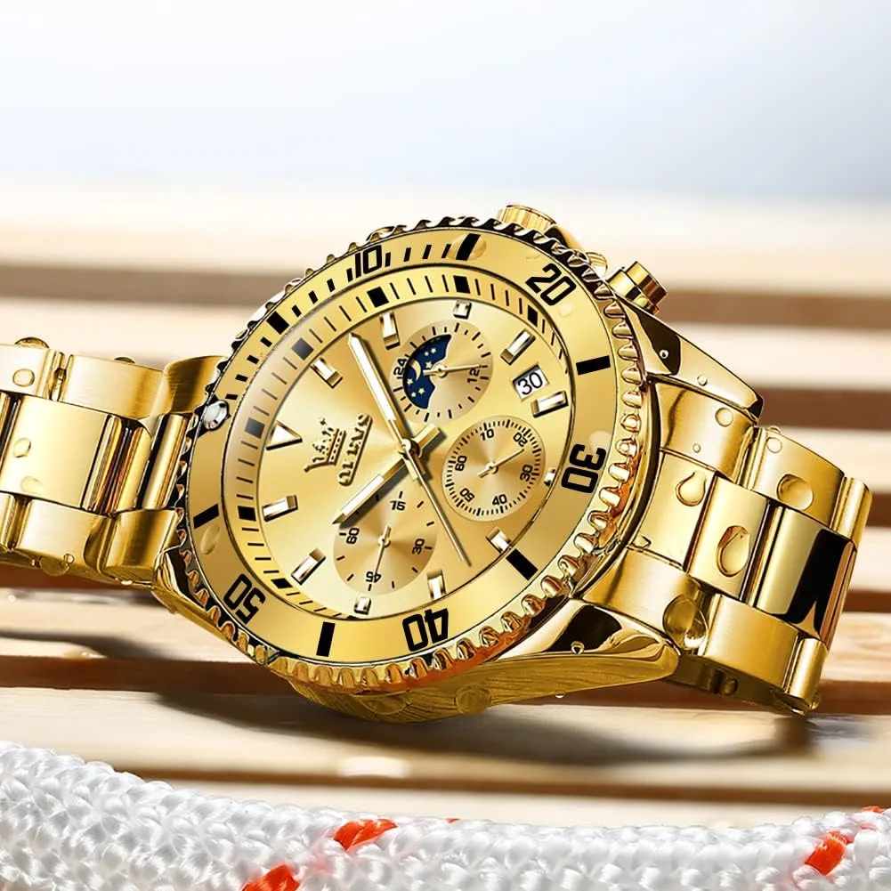 Date, Premium Gold and Silver Stainless Steel Analog compel tribal premature snippet Watches for Men, Classic Rotatable Bezel Men's Cuff Watches, Blue/Green/Black Dial OLEVS Men's Watches with 