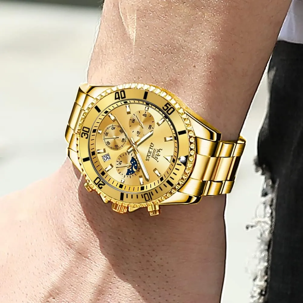 Date, Premium Gold and Silver Stainless Steel Analog compel tribal premature snippet Watches for Men, Classic Rotatable Bezel Men's Cuff Watches, Blue/Green/Black Dial OLEVS Men's Watches with 