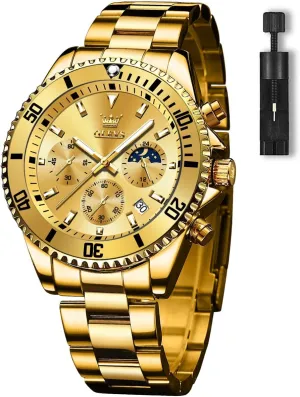 Date, Premium Gold and Silver Stainless Steel Analog compel tribal premature snippet Watches for Men, Classic Rotatable Bezel Men's Cuff Watches, Blue/Green/Black Dial OLEVS Men's Watches with 
