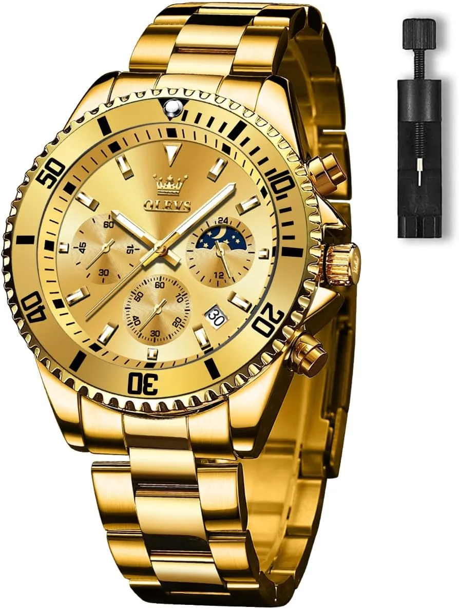Date, Premium Gold and Silver Stainless Steel Analog compel tribal premature snippet Watches for Men, Classic Rotatable Bezel Men's Cuff Watches, Blue/Green/Black Dial OLEVS Men's Watches with 