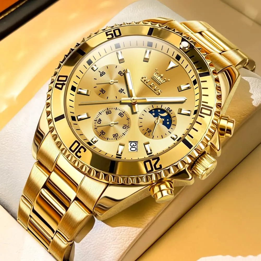 Date, Premium Gold and Silver Stainless Steel Analog compel tribal premature snippet Watches for Men, Classic Rotatable Bezel Men's Cuff Watches, Blue/Green/Black Dial OLEVS Men's Watches with 