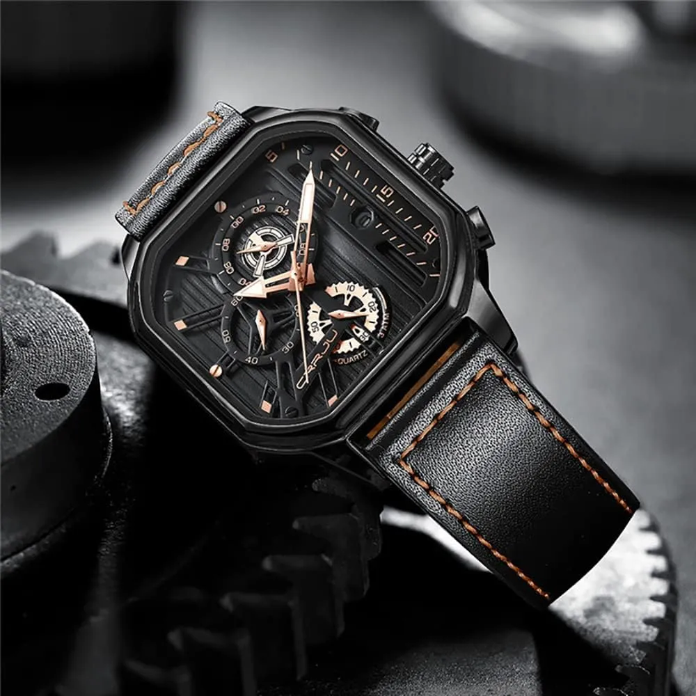 Date Square Leather Strap Quartz Waterproof Male Wrist Watch Gasasa Men's Business planetary hazel trivial assembly Watches Chronograph Fashion Watch 