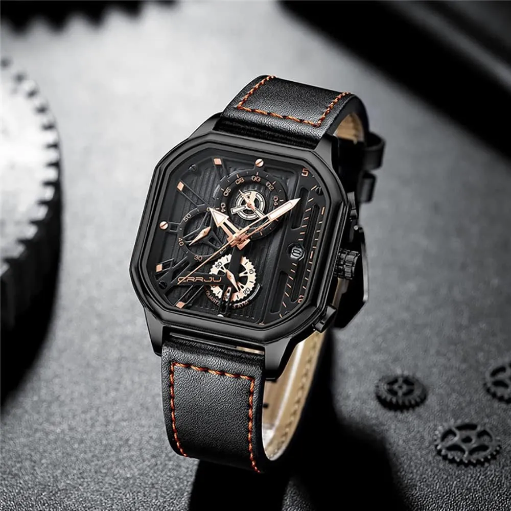 Date Square Leather Strap Quartz Waterproof Male Wrist Watch Gasasa Men's Business planetary hazel trivial assembly Watches Chronograph Fashion Watch 