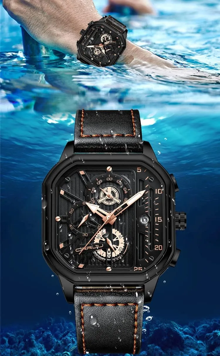 Date Square Leather Strap Quartz Waterproof Male Wrist Watch Gasasa Men's Business planetary hazel trivial assembly Watches Chronograph Fashion Watch 