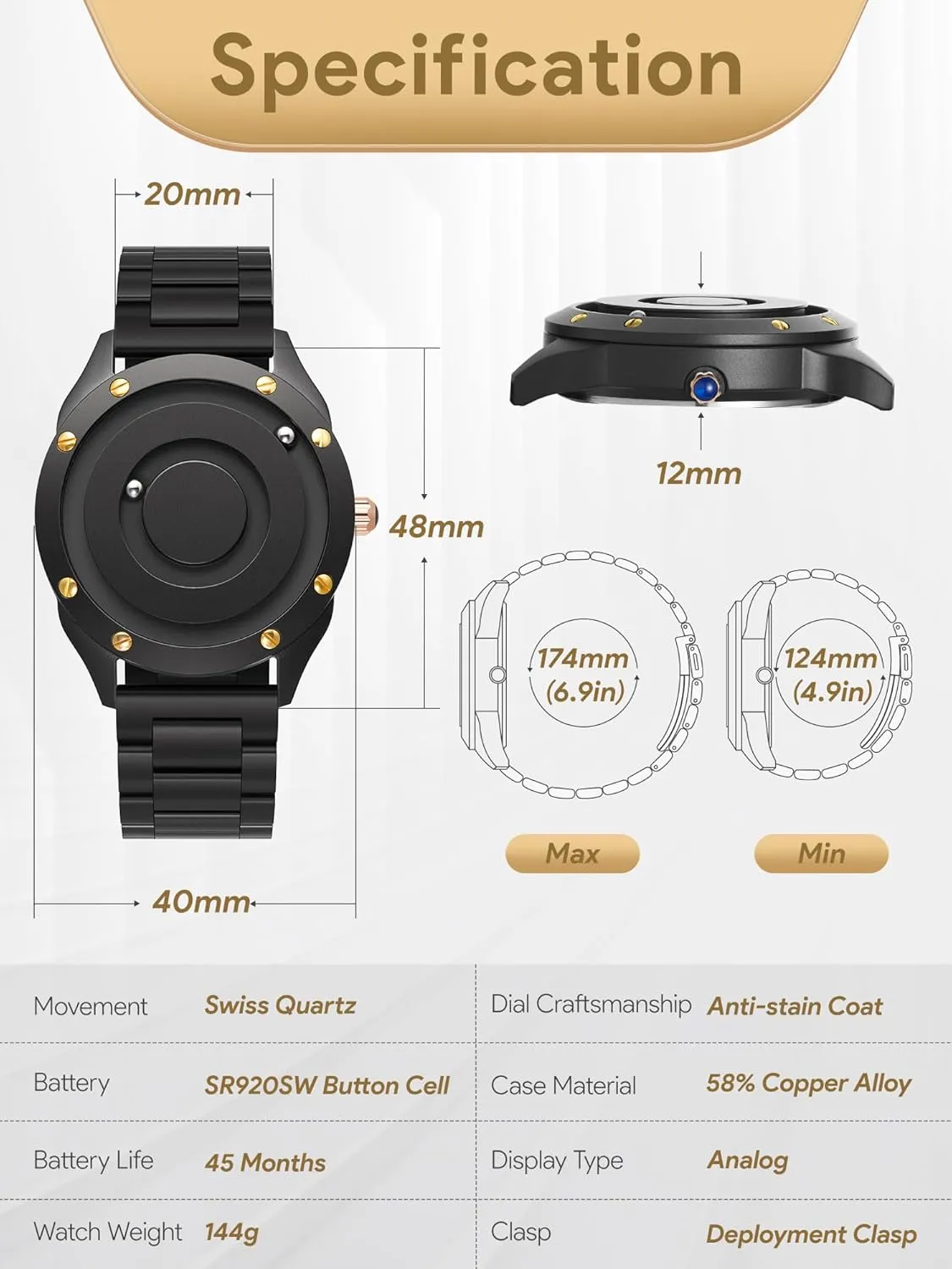 Date Watches for Men EUTOUR Mens Watches Men Designer lean Waterproof Analogue Quartz Watch Men Magnetic Watches Stainless Steel Wrist Watch Fashion Large 