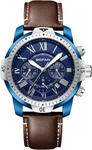 Date,Water Resistant BOFAN Mens Watches past Chronograph Quartz Watches for Men with Leather Strap,Multifunctional Vintage Blue Dial,Auto 