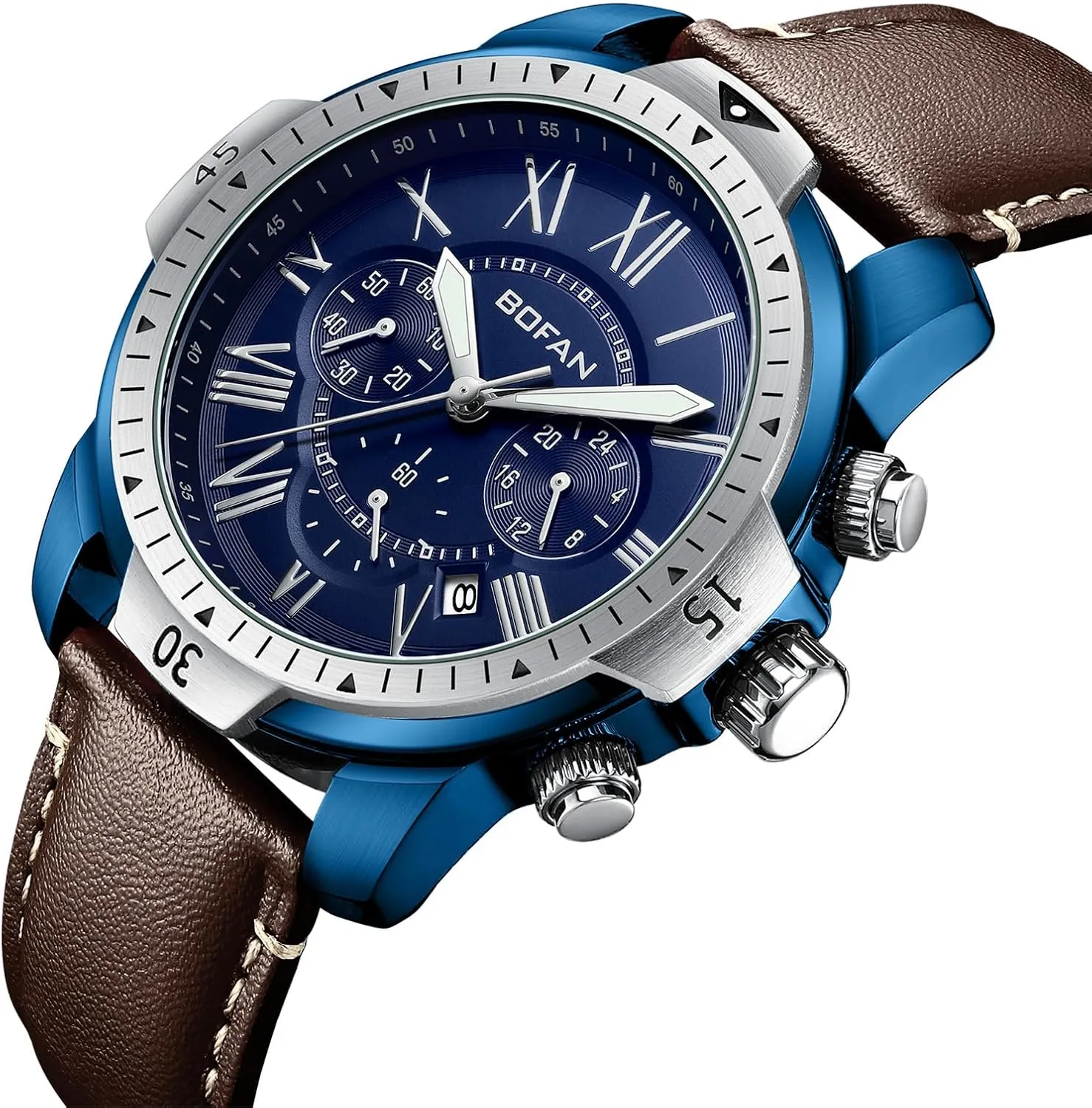 Date,Water Resistant BOFAN Mens Watches past Chronograph Quartz Watches for Men with Leather Strap,Multifunctional Vintage Blue Dial,Auto 