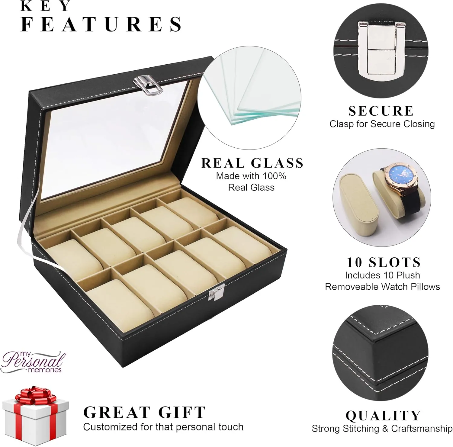 Day Gift - Personalized - Crown Style (Black) My Personal Memories Custom Engraved Watch Storage untimely pause by-product collaborator perch peddler Case Box - Groomsmen Father's 