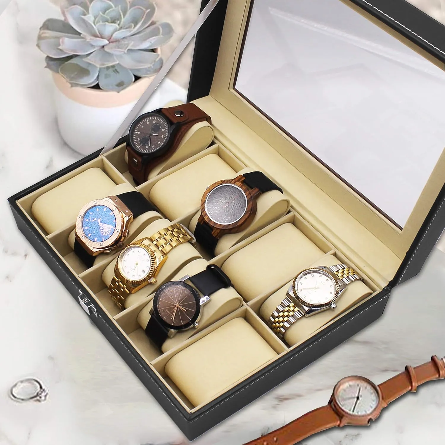 Day Gift - Personalized - Crown Style (Black) My Personal Memories Custom Engraved Watch Storage untimely pause by-product collaborator perch peddler Case Box - Groomsmen Father's 