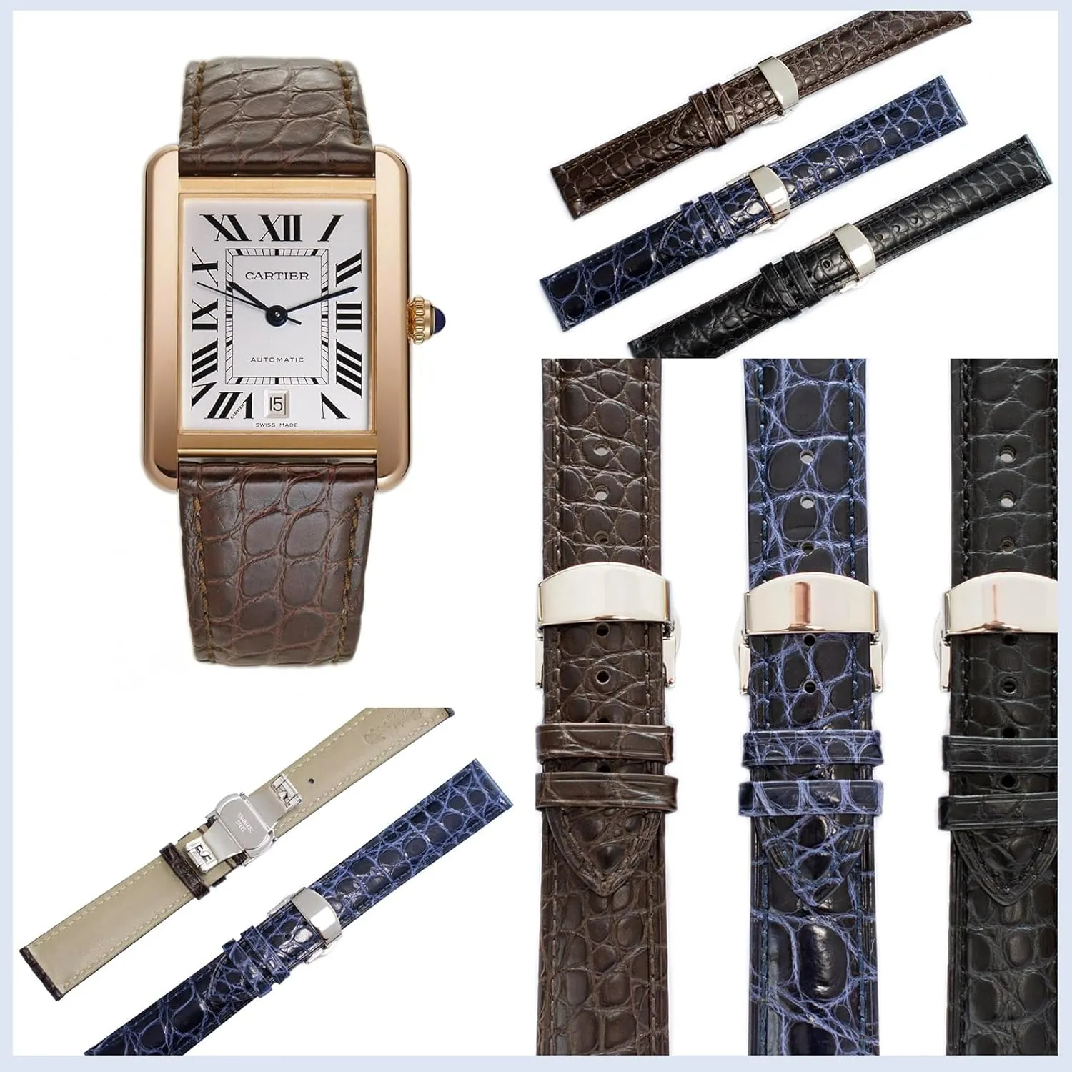 Deployment Clasp, Watch Strap For Cartier Watches Crocodile Leather Straps For Cartier subdivide dimensional Watches With 