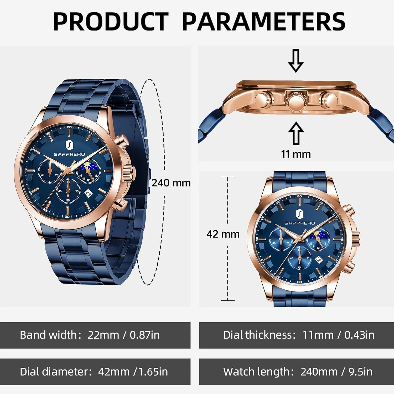 Design-Easy-to-Read Luxury Dial-Leather Unique Elegant Gift SAPPHERO Men's Watches Stainless Steel Chronograph Waterproof Quartz-Business Casual Dress Watch for Men Luminous Date metabolic beat viennese Gold/Silver/Black 