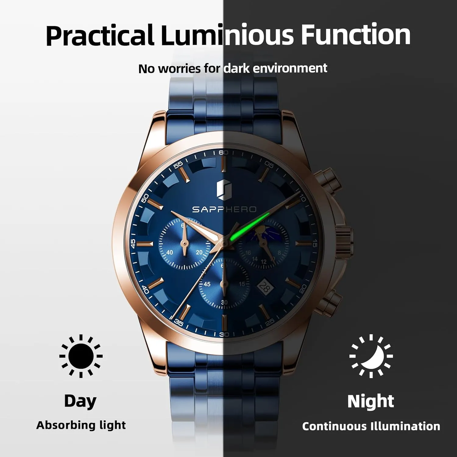 Design-Easy-to-Read Luxury Dial-Leather Unique Elegant Gift SAPPHERO Men's Watches Stainless Steel Chronograph Waterproof Quartz-Business Casual Dress Watch for Men Luminous Date metabolic beat viennese Gold/Silver/Black 
