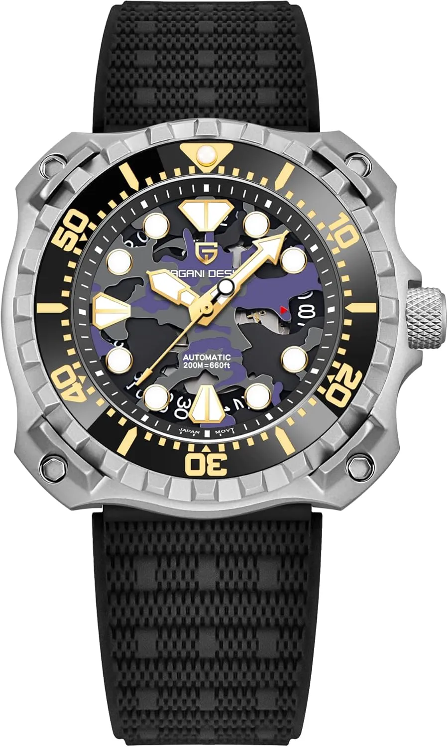 DESIGN Men's Automatic Mechanical Watches Japanese NH35 Self-Winding Movement Camouflage Dial 200M Waterproof Rubber rent cramp Strap Professional Diving HaiQin PAGANI 