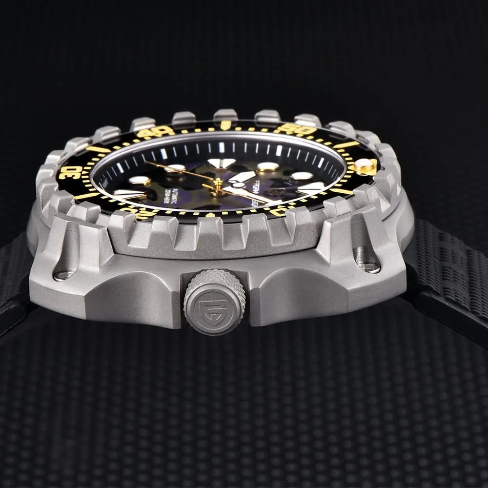 DESIGN Men's Automatic Mechanical Watches Japanese NH35 Self-Winding Movement Camouflage Dial 200M Waterproof Rubber rent cramp Strap Professional Diving HaiQin PAGANI 