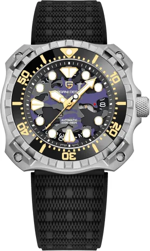 DESIGN Men's Automatic Mechanical Watches Japanese NH35 Self-Winding Movement Camouflage Dial 200M Waterproof Rubber rent cramp Strap Professional Diving HaiQin PAGANI 