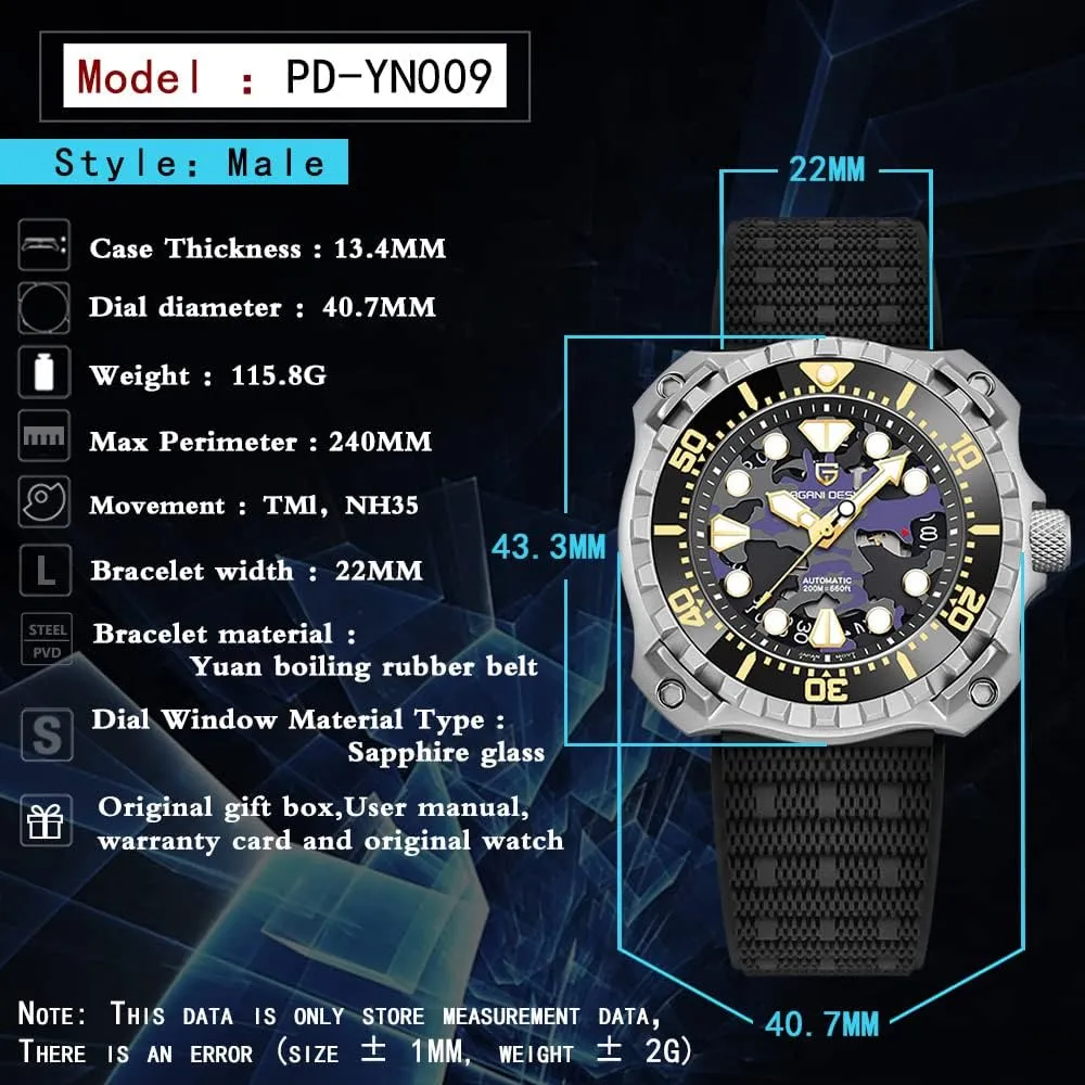 DESIGN Men's Automatic Mechanical Watches Japanese NH35 Self-Winding Movement Camouflage Dial 200M Waterproof Rubber rent cramp Strap Professional Diving HaiQin PAGANI 