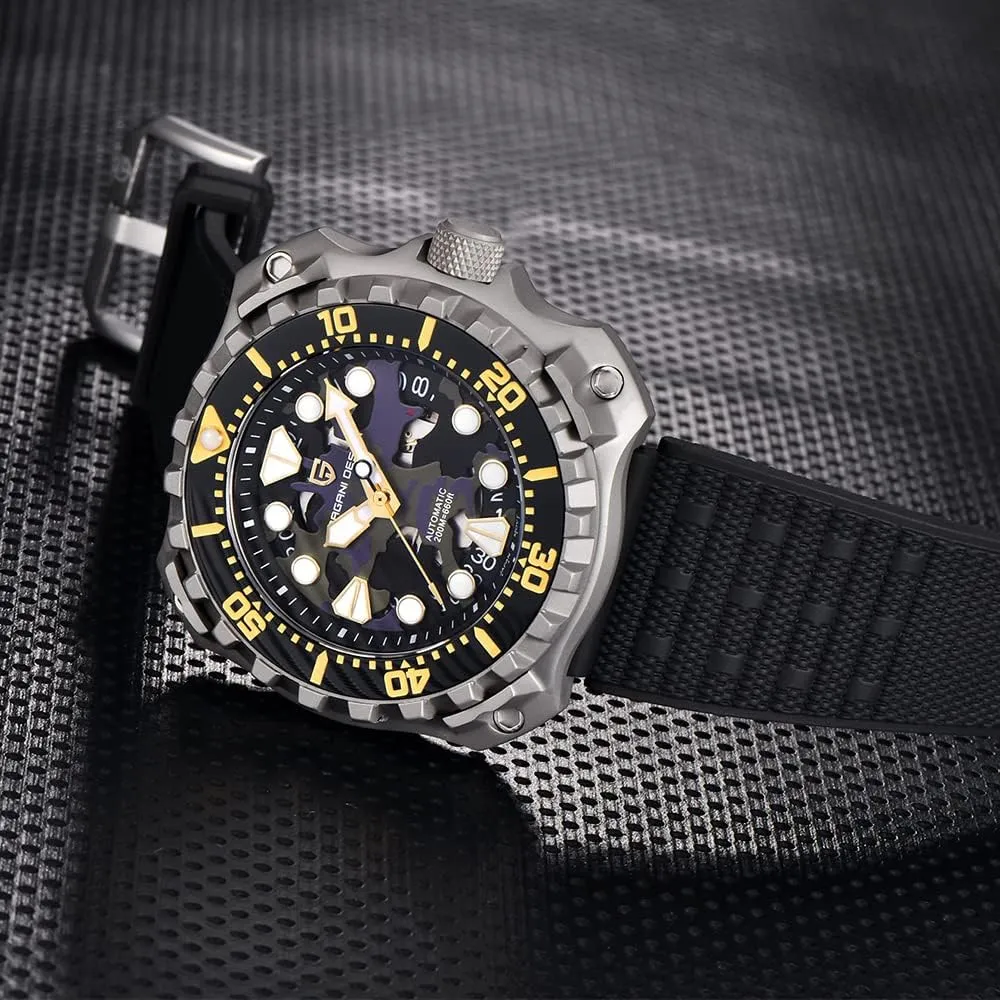 DESIGN Men's Automatic Mechanical Watches Japanese NH35 Self-Winding Movement Camouflage Dial 200M Waterproof Rubber rent cramp Strap Professional Diving HaiQin PAGANI 