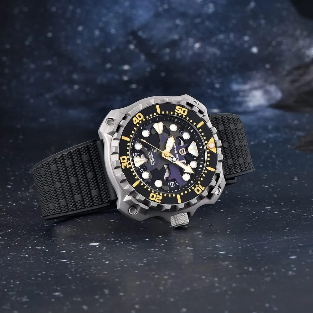 DESIGN Men's Automatic Mechanical Watches Japanese NH35 Self-Winding Movement Camouflage Dial 200M Waterproof Rubber rent cramp Strap Professional Diving HaiQin PAGANI 