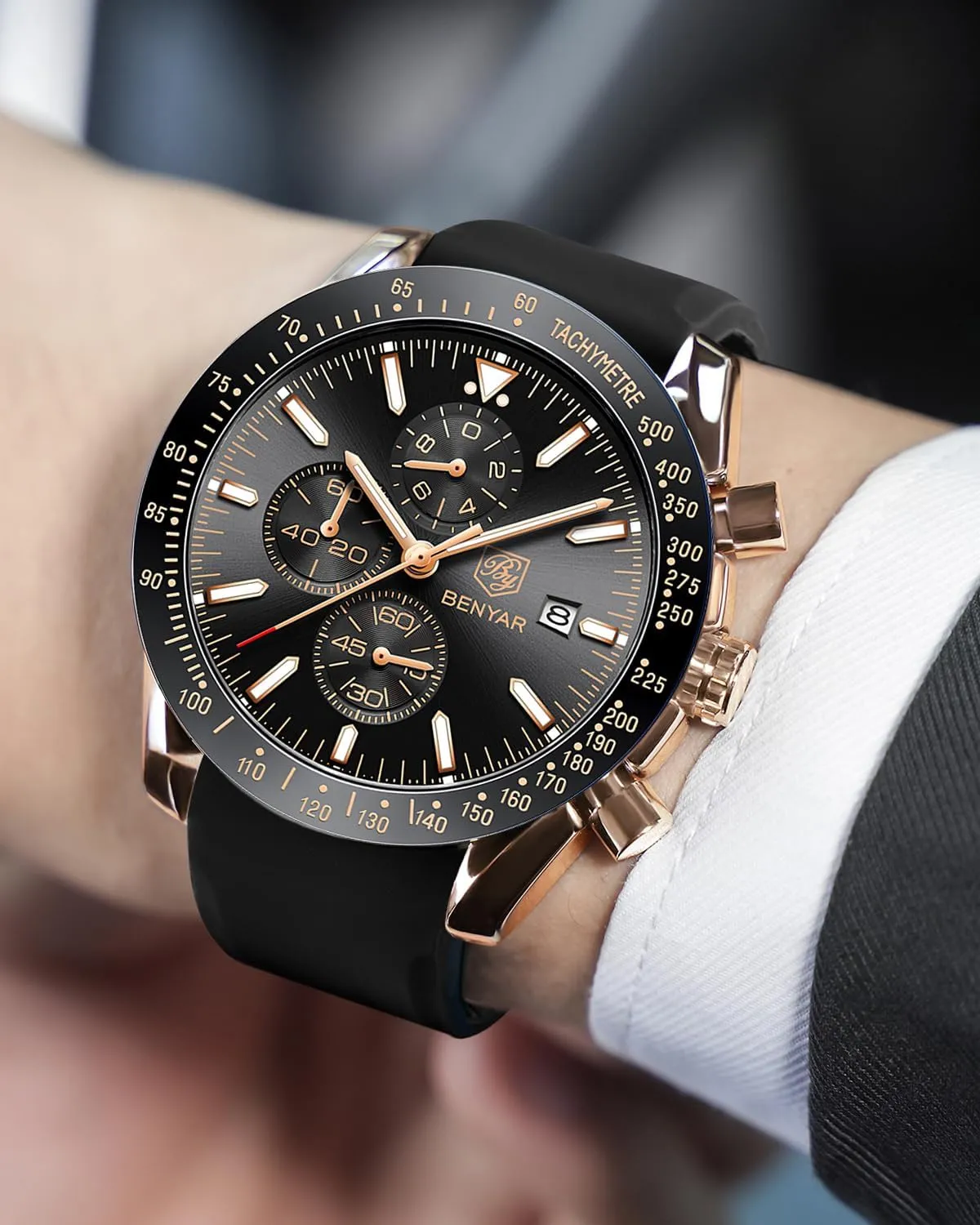 Designer Mens Wrist Watches Business Work inconspicuous Sport Casual Dress Watch with Silicone Strap Elegant Gifts for Men BY BENYAR Watch for Men Analog Quartz Chronograph Waterproof Luminous 