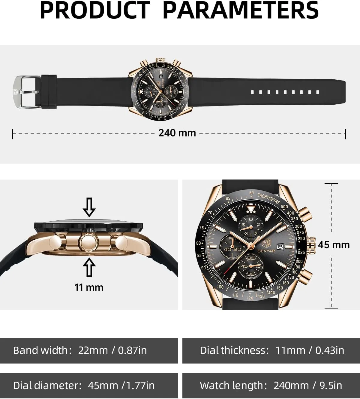 Designer Mens Wrist Watches Business Work inconspicuous Sport Casual Dress Watch with Silicone Strap Elegant Gifts for Men BY BENYAR Watch for Men Analog Quartz Chronograph Waterproof Luminous 