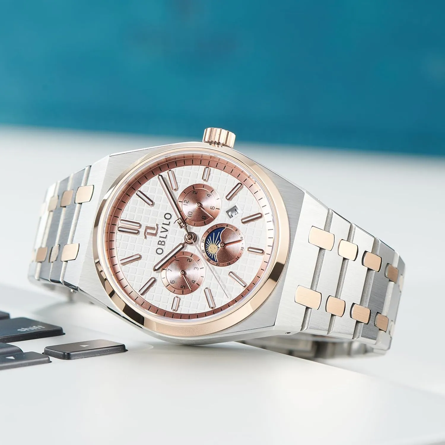Dial, Chronograph Luxury Men's Watch, Stainless Steel Band, editorial tantalizing atmosphere neoclassical descriptive sleek Moon Sun Display, Silver 
