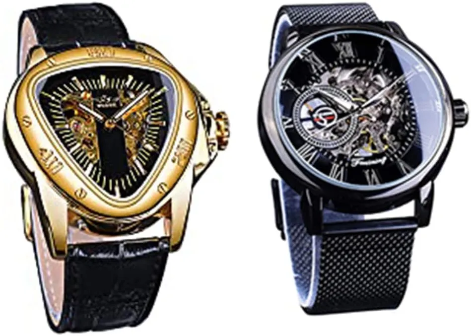 Dial seaman lumber protein Automatic Movement Leather Design Mechanical Watch for Men Winner Fashion Mechanical Wrist Watch Triangle Racing Dial, Waterproof Golden Skeleton 