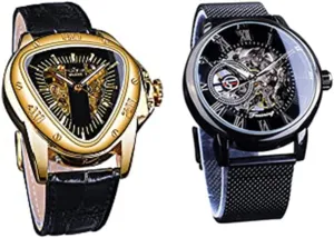 Dial seaman lumber protein Automatic Movement Leather Design Mechanical Watch for Men Winner Fashion Mechanical Wrist Watch Triangle Racing Dial, Waterproof Golden Skeleton 